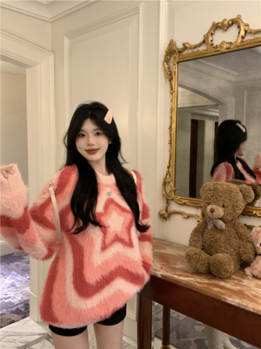 Real shot pink star mink velvet warm design lazy style contrasting color sweater loose sweater