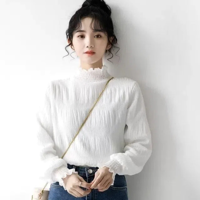 Thin + velvet double layer fungus top 2024 spring new white black turtleneck bottoming shirt for women