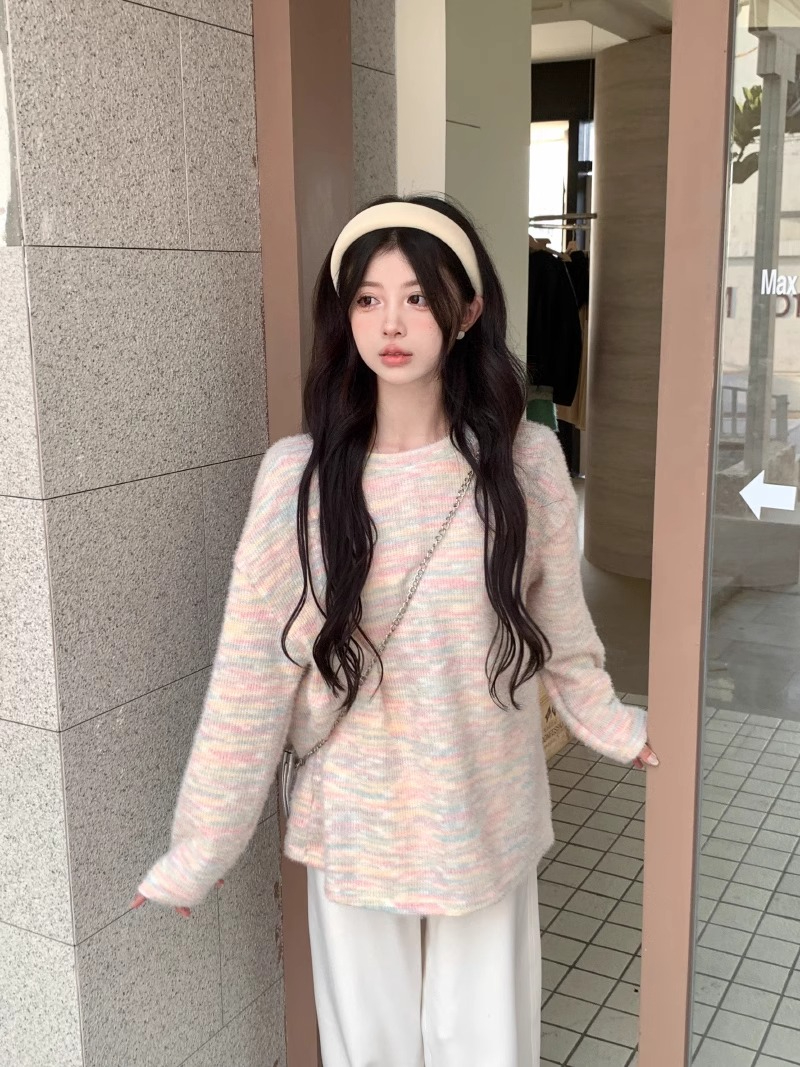 官圖 毛針織衫冬季新款設計感撞色毛絨絨衛衣女甜美圓領百搭上衣