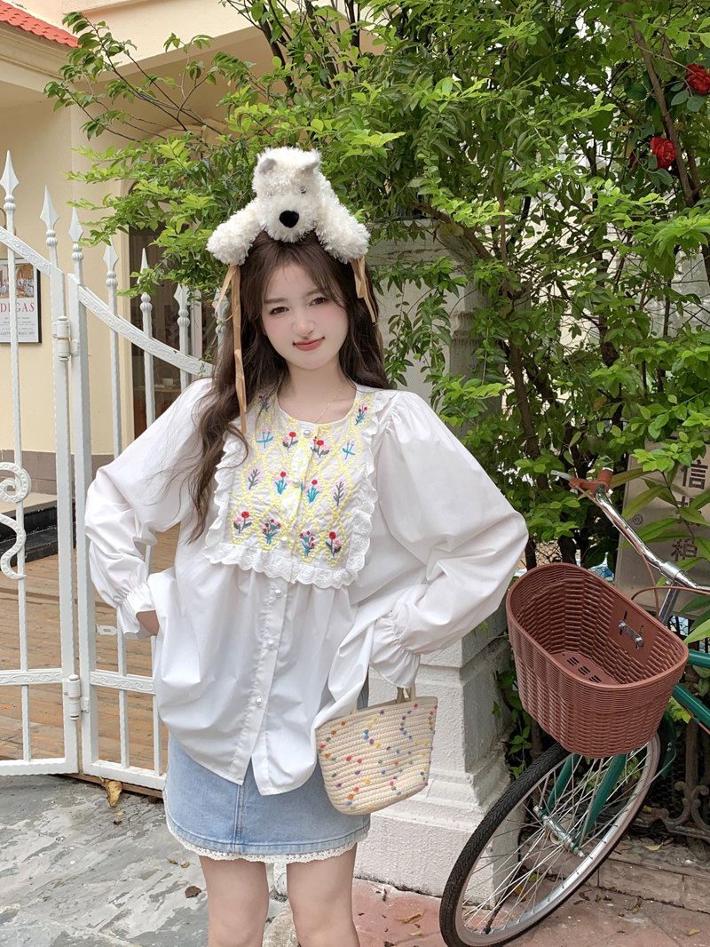 Real shot of sweet heavy industry embroidered long-sleeved women's 2024 spring new style French chic fungus lace shirt