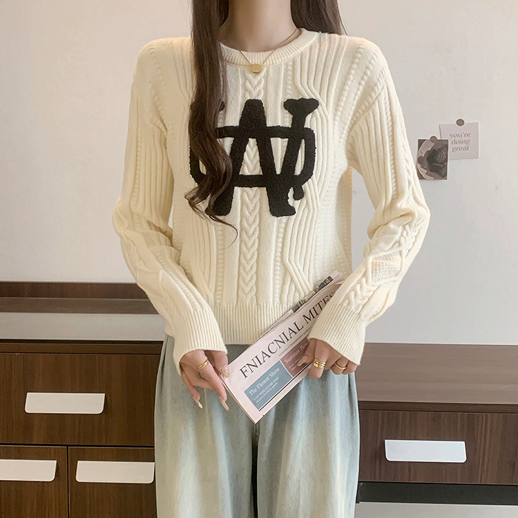 實拍2024春秋復古軟糯麻花毛衣女字母刺繡套頭圓領長袖針織衫