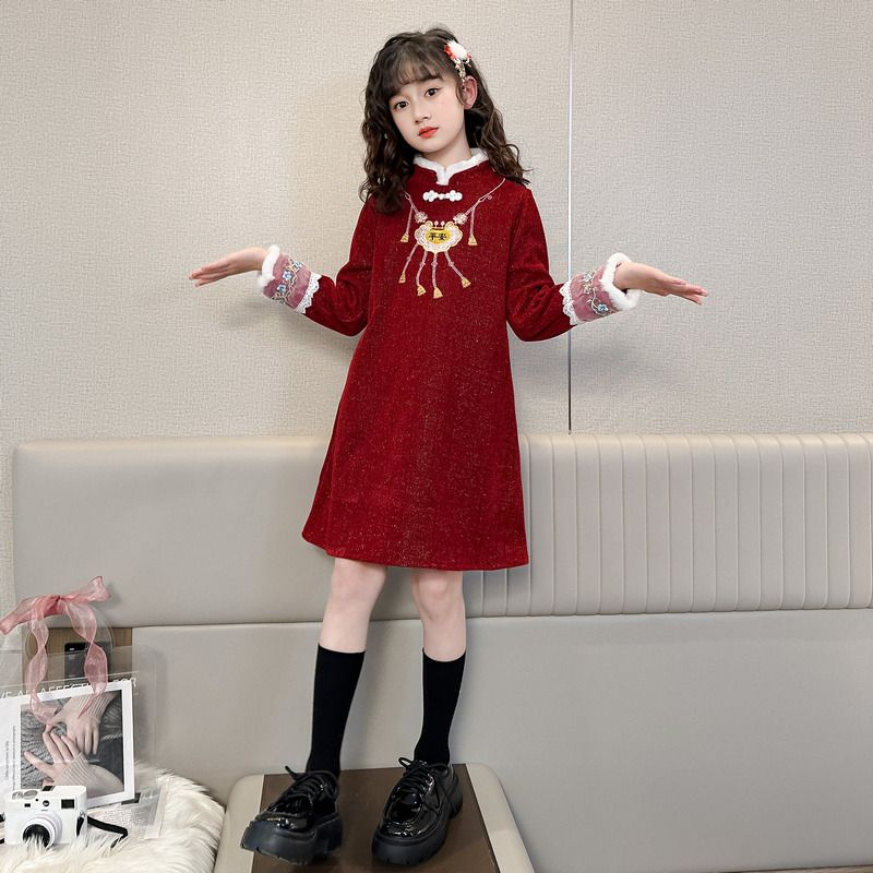 女童紅色連衣裙唐裝女孩過年新年裝公主裙子兒童中國風拜年服旗袍