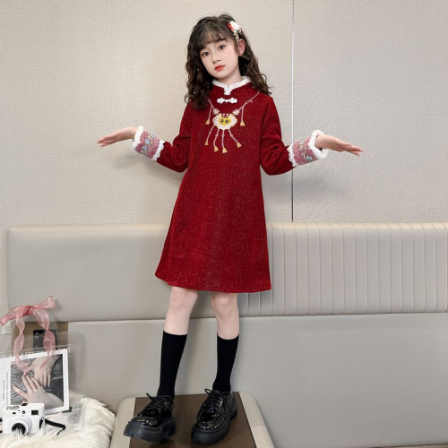 女童红色连衣裙唐装女孩过年新年装公主裙子儿童中国风拜年服旗袍