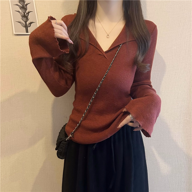 Actual shot~New V-neck simple long-sleeved lazy-style trumpet sleeve knitted bottoming casual top