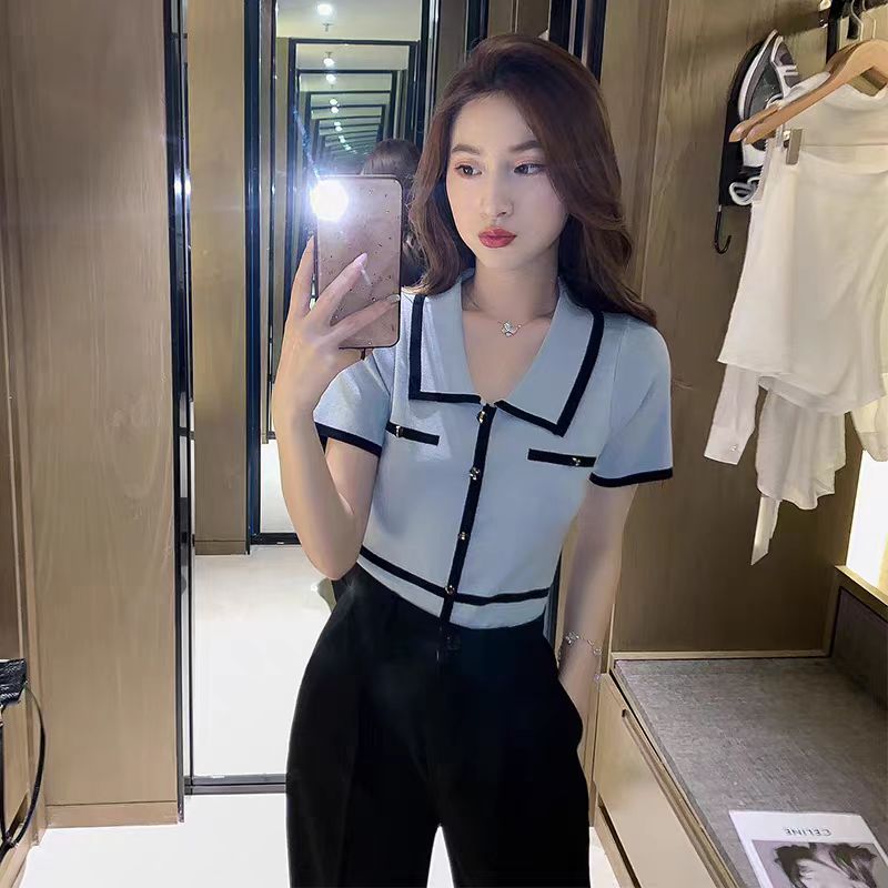 夏季女裝ins超火上衣短款露臍針織t恤復古港味polo短袖套頭打底衫
