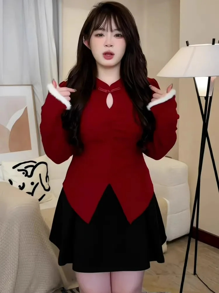 紅色新中式國風盤扣上衣女秋冬新款立領顯瘦內搭長袖打底小衫
