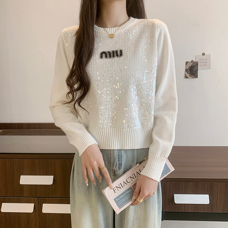 實拍 白色毛衣女春秋外穿小個子圓領套頭韓系復古亮片上衣服