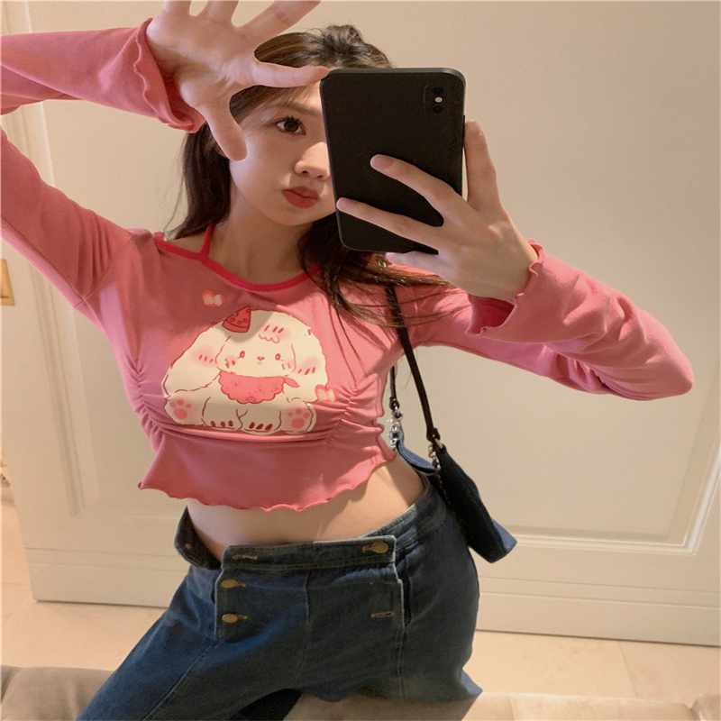 舒服棉  甜辣妹兔子印花掛脖長袖T恤女早秋修身顯瘦短款褶皺上衣