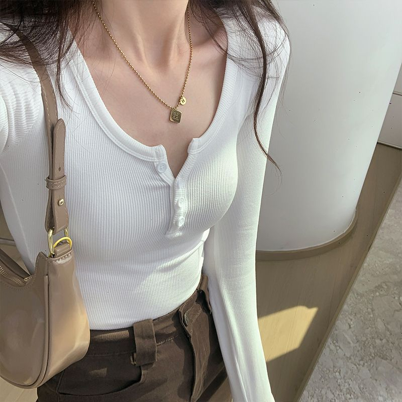 Chic button white t-shirt for women in autumn new Korean style slim long-sleeved bottoming shirt short low-neck top