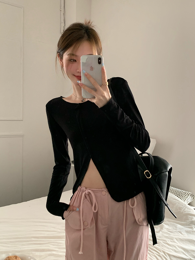 Real shot, all three standards, niche design, slimming, irregular slits, T-shirt, long-sleeved top