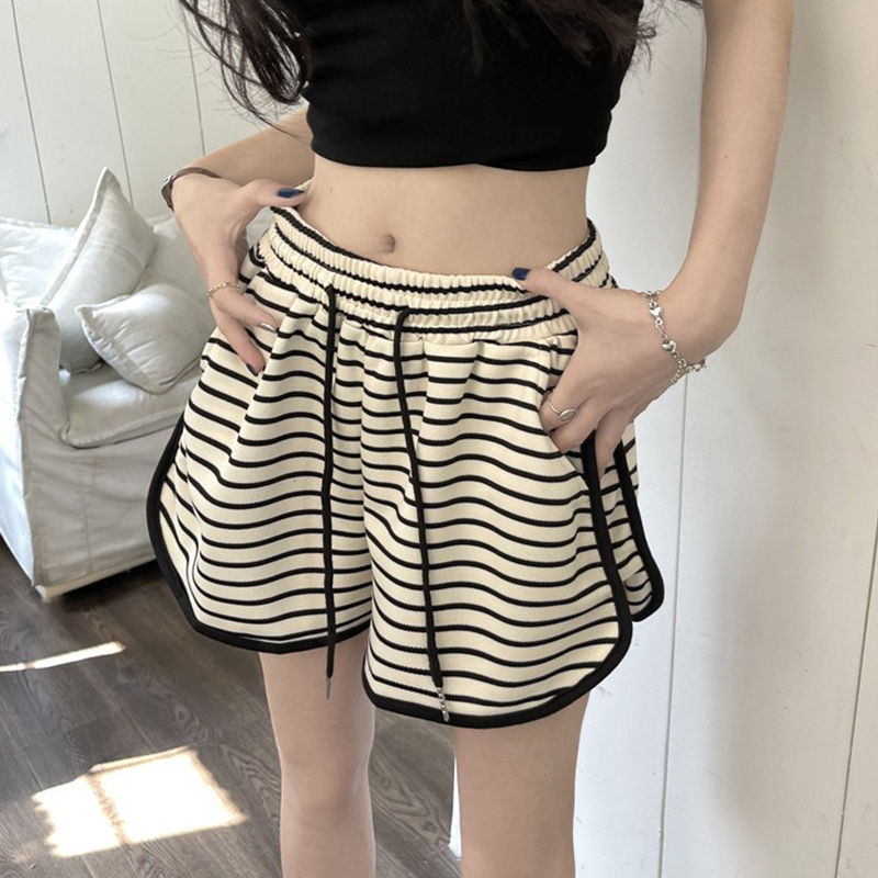 直播質量條紋休閒短褲女高腰寬鬆a字熱褲垂感運動短褲