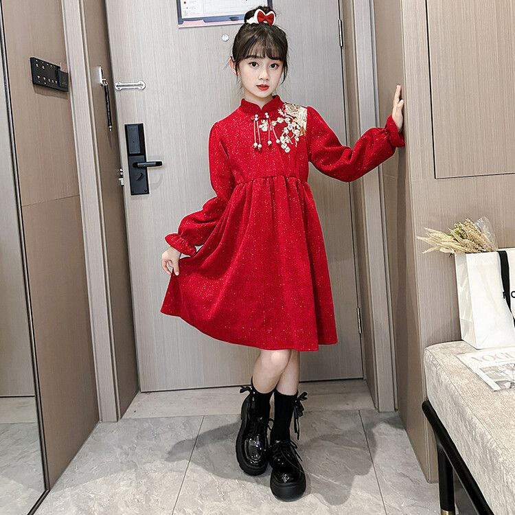 女童新年連衣裙加絨秋冬2024新款龍年新年本命年兒童拜年衣服紅色