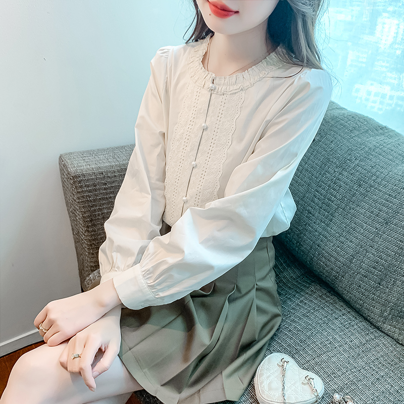 實拍 春季法式純棉襯衣小衫通勤襯衫女2024新款復古圓領小眾上衣