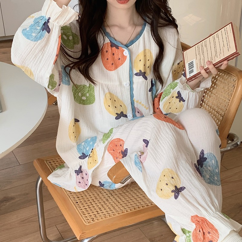 2024新款睡衣女春秋草莓小熊卡通甜美可愛家居套裝ins小香風長袖