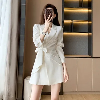 春季新款女裝高端精緻氣質小香風長袖西裝連衣裙女法式白色裙子