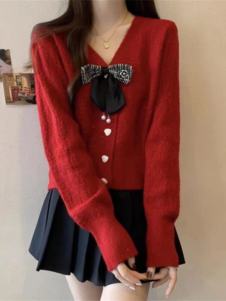 Red sweater small fragrant style V-neck knitted cardigan autumn new style women's outerwear bow short sweater jacket