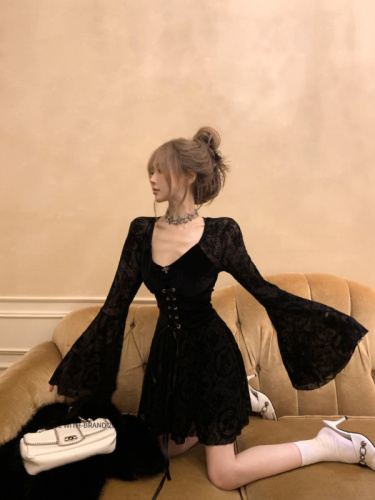 Actual shot~Retro velvet black dress for birthday, high-end feel