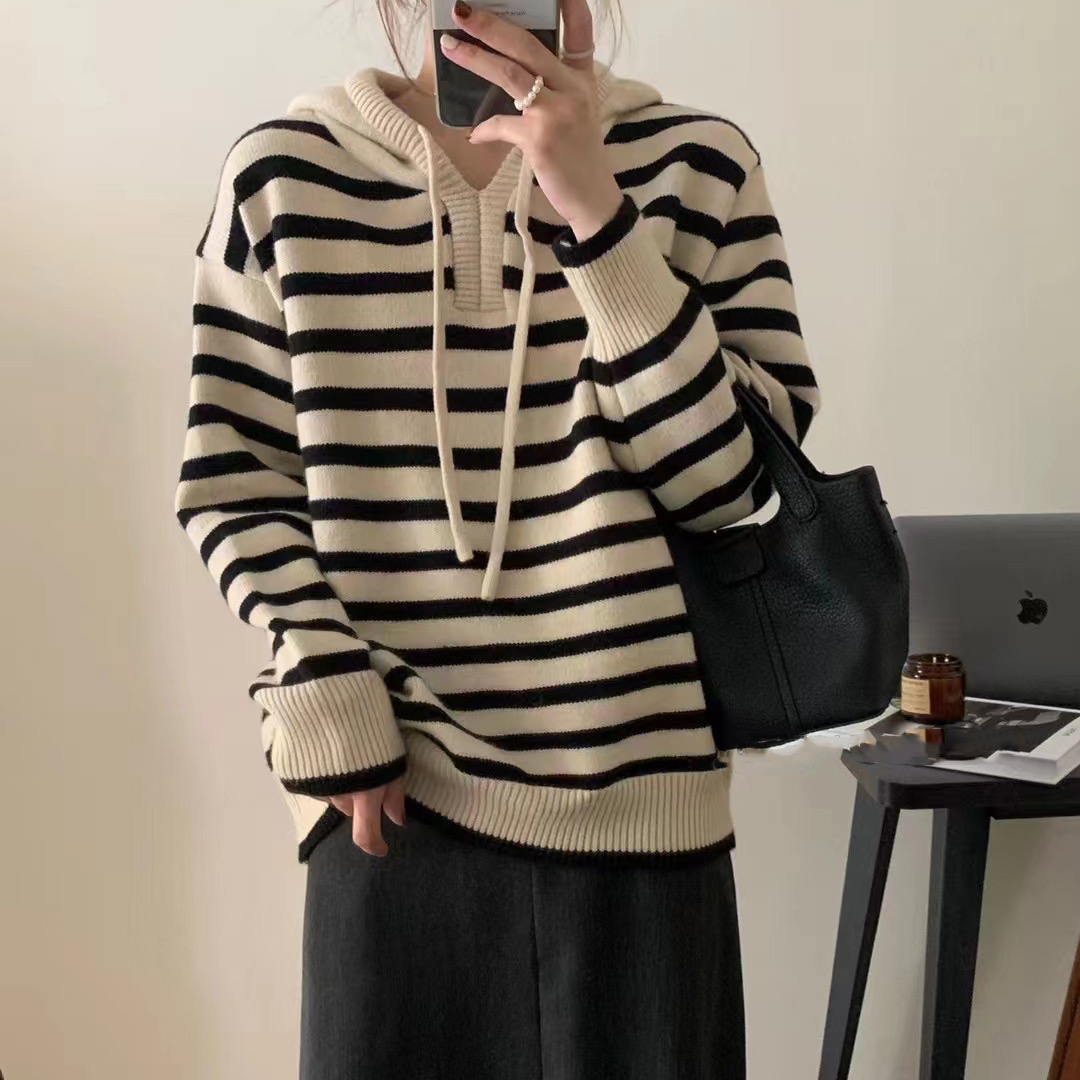 韓系新款連帽條紋套頭針織衫女韓版寬鬆百搭慵懶風毛衣外套