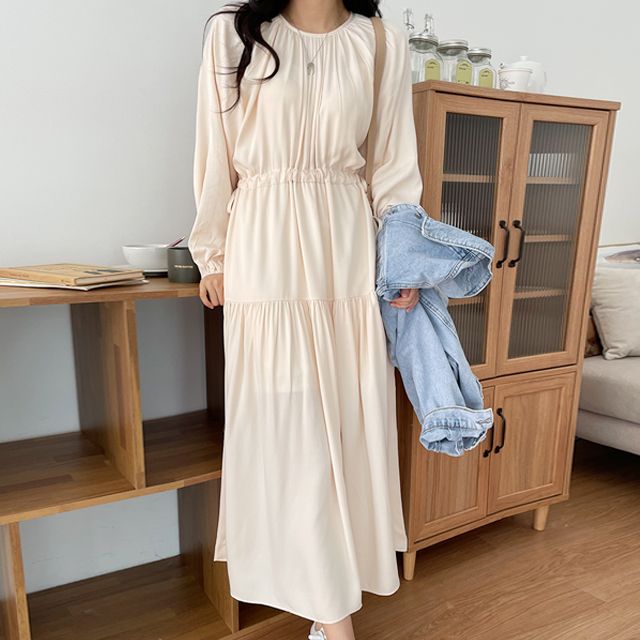 Size has been updated chic spring French gentle casual round neck pleated drawstring waist long dress