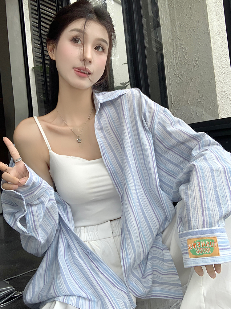 藍色條紋polo領長袖襯衫女裝夏季棉麻薄款寬鬆防曬襯衣中長款上衣