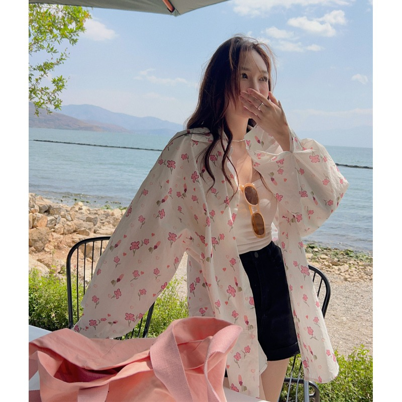 碎花防曬襯衫女秋季設計感小眾寬鬆顯瘦慵懶風中長款開衫薄款外套