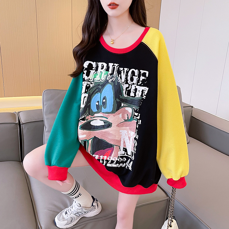 實拍-2024春裝純棉華棉韓版寬鬆撞色印花圓領衛衣女