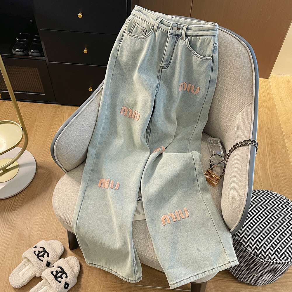韓版字母刺繡直筒牛仔褲女秋冬新款小個子高腰顯瘦休閒長褲子