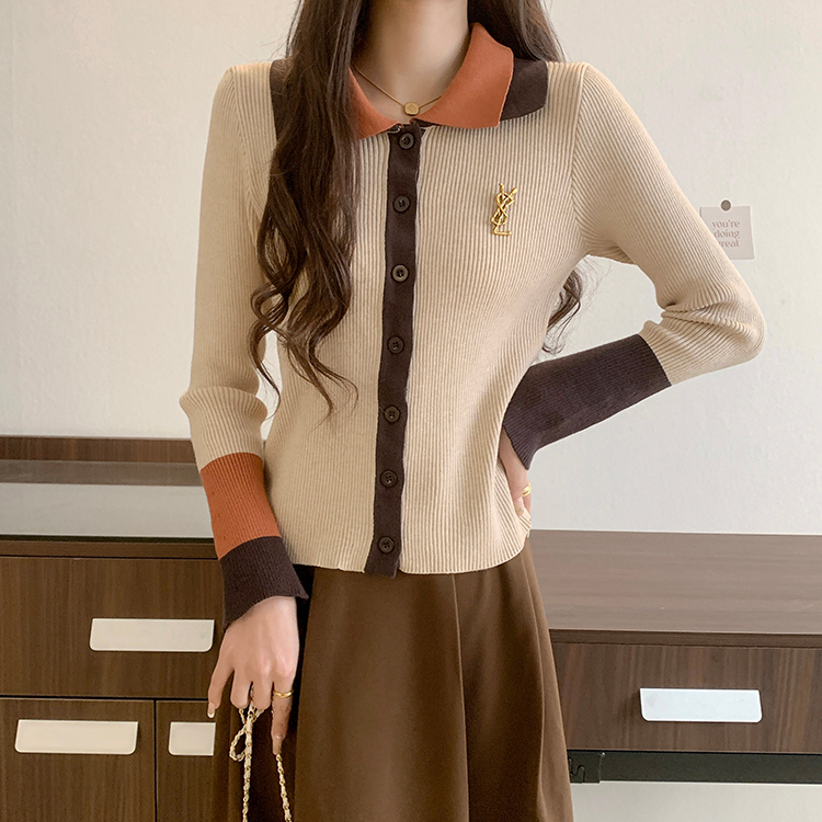 實拍高級感早春小香風撞色POLO領修身顯瘦針織衫女ins潮