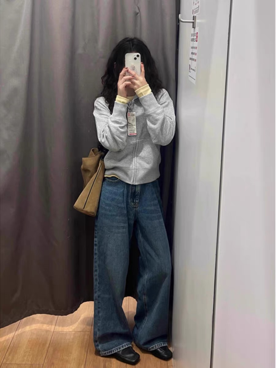 美式復古深藍闊腿牛仔褲女2024春季新款大碼寬鬆顯瘦直筒拖地褲子