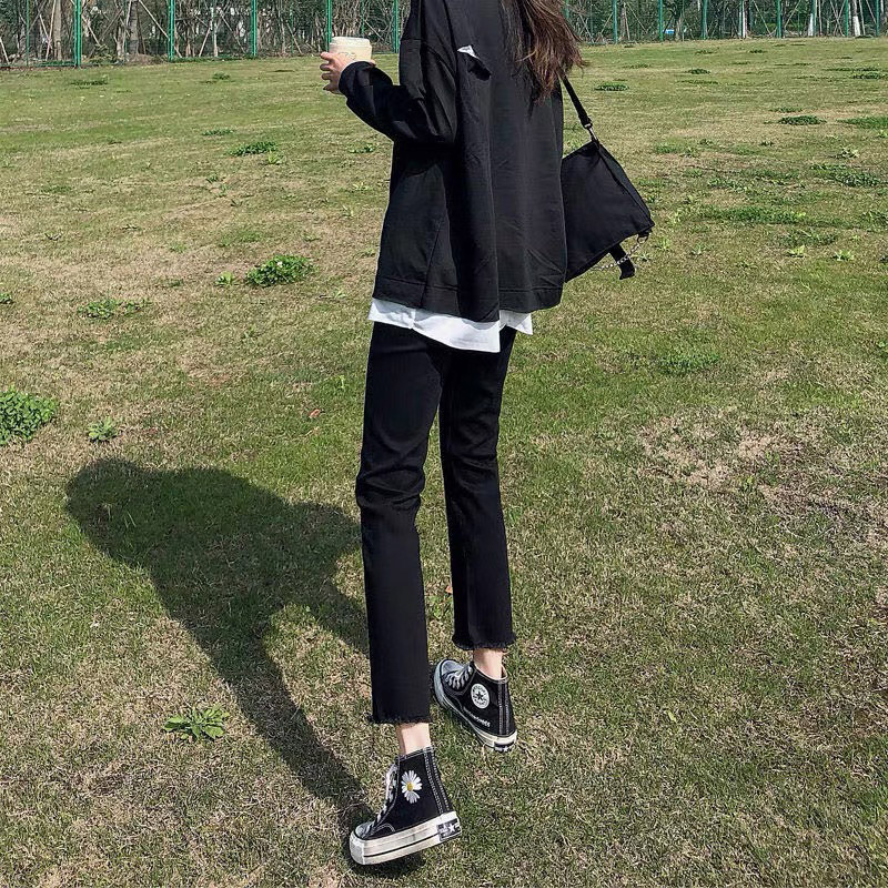 黑色直筒牛仔褲女2024秋冬新款煙管高腰顯瘦八九分小個子加絨