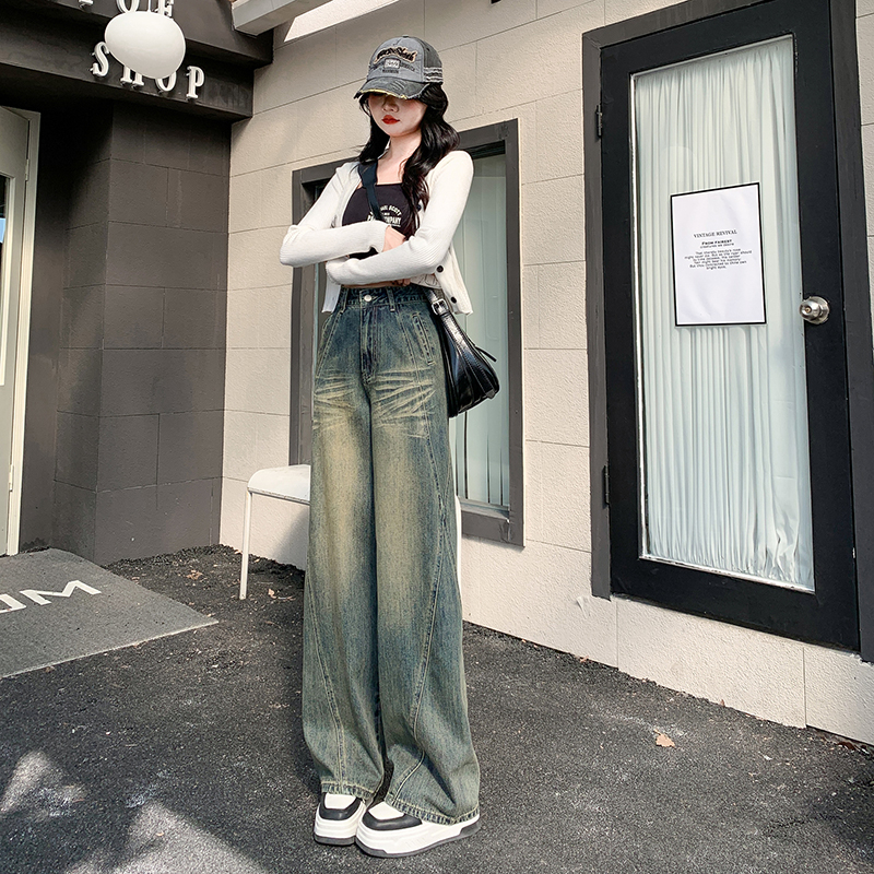 實拍 懷舊藍色牛仔褲2024年春秋新款高腰設計感小個子闊腿拖地褲
