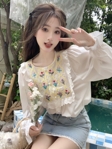 Real shot of sweet heavy industry embroidered long-sleeved women's 2024 spring new style French chic fungus lace shirt