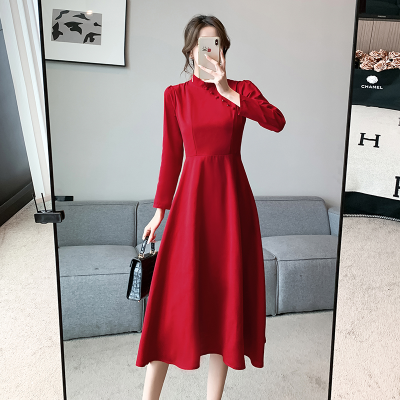 實拍2024春季新款新中式改良旗袍中國風敬酒服紅色訂婚禮服連衣裙
