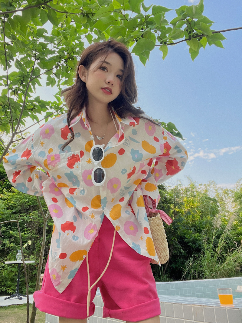 甜美碎花襯衫女秋季寬鬆顯瘦中長款襯衣小眾長袖防曬上衣