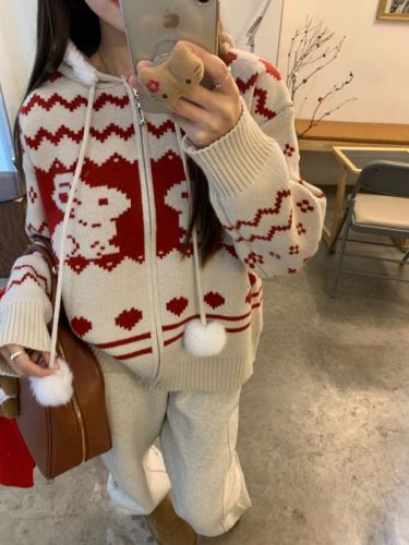 New Year atmosphere bunny red and white hooded zipper sweater atmosphere sweater for women
