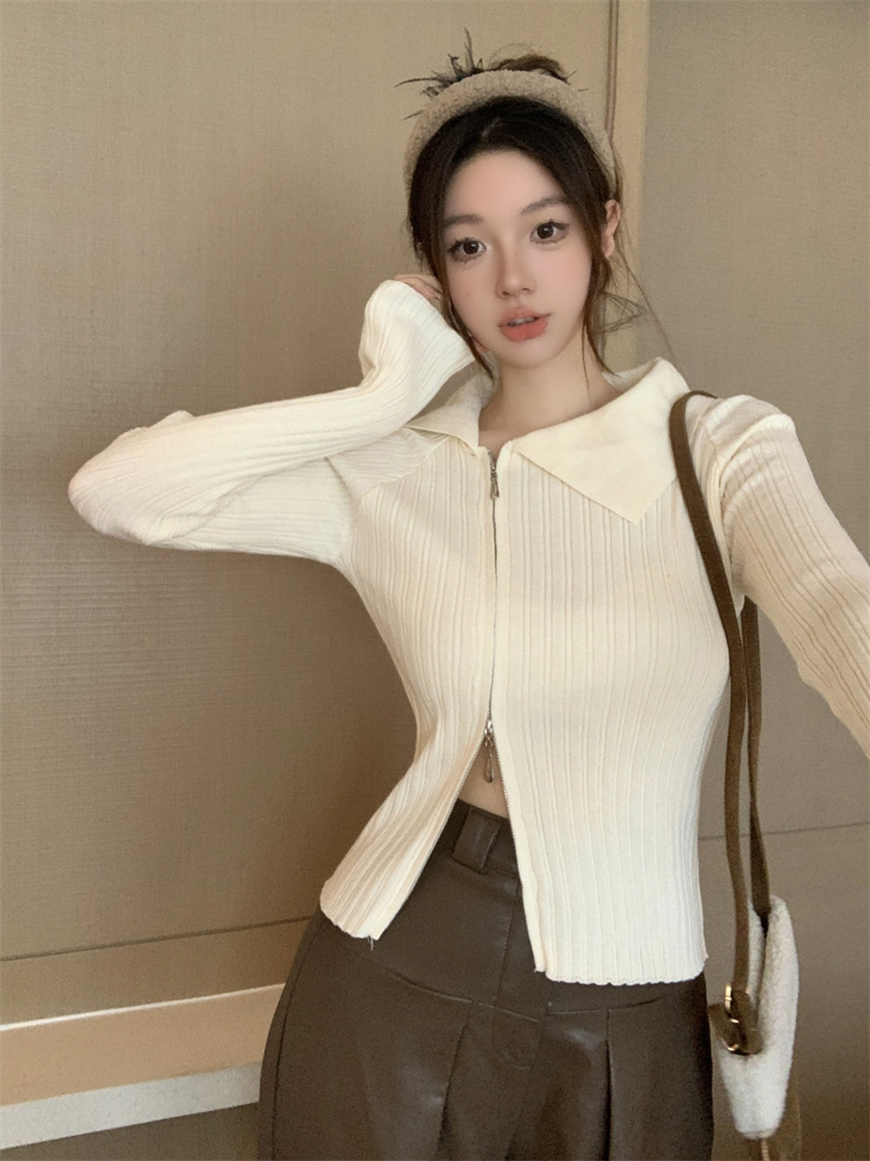 Real shot of new autumn and winter double-ended zipper slimming pit cardigan knitted sweater inner wear for women
