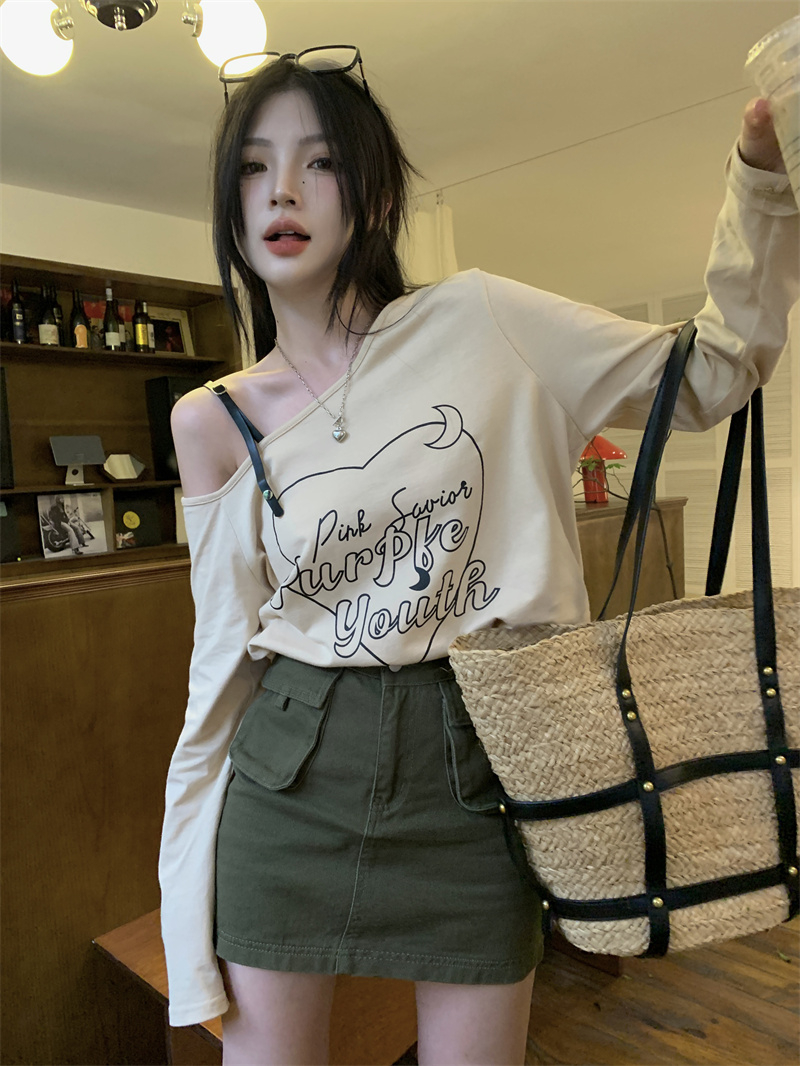 2024新款早秋寬鬆長袖T恤女純欲設計感