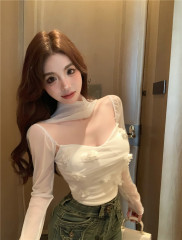 Real shot of three-dimensional flower top for women with removable mesh sleeves tube top