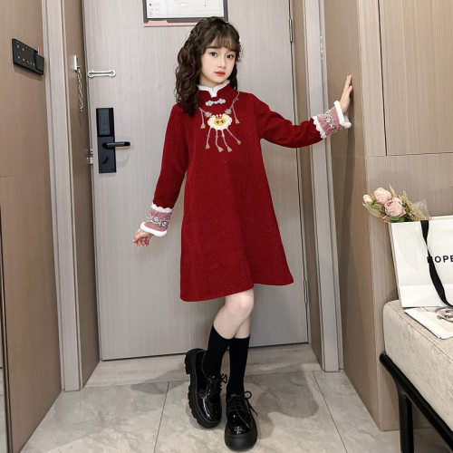女童红色连衣裙唐装女孩过年新年装公主裙子儿童中国风拜年服旗袍