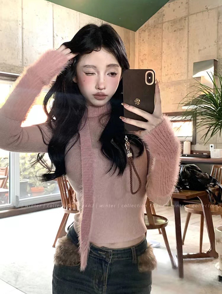 甜心狩獵2024春季新款設計感修身打底衫女內搭針織上衣帶圍巾上衣