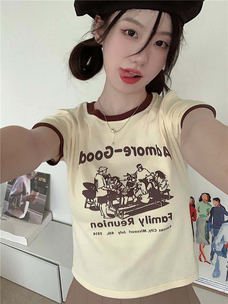2024 Printed Summer Slim Fit Short Contrast Color Round Neck Short Sleeve T-Shirt