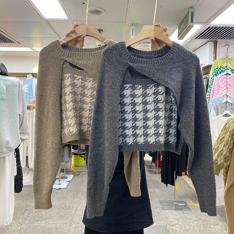Fashionable sweater two-piece set for women early autumn new Korean style houndstooth suspender + irregular long-sleeved blouse