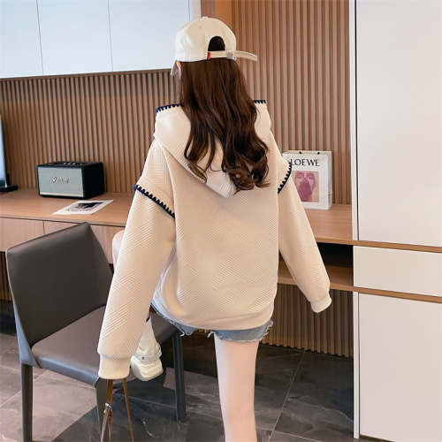 First real shot of hooded 315g Chinese cotton jacquard CVC thread Korean style contrasting color thin long-sleeved sweatshirt for women