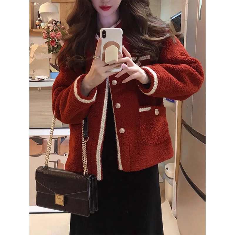 Sheep wool 2024 autumn and winter new style Xiaoxiangfeng plush design short design jacket