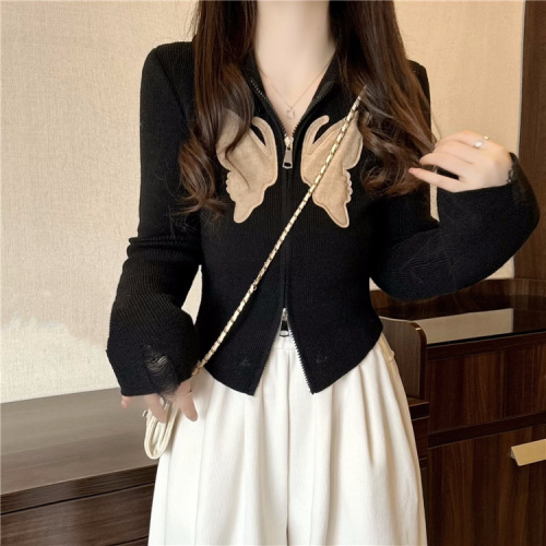 Real shot~New casual and versatile double zipper design butterfly distressed hooded cardigan sweater