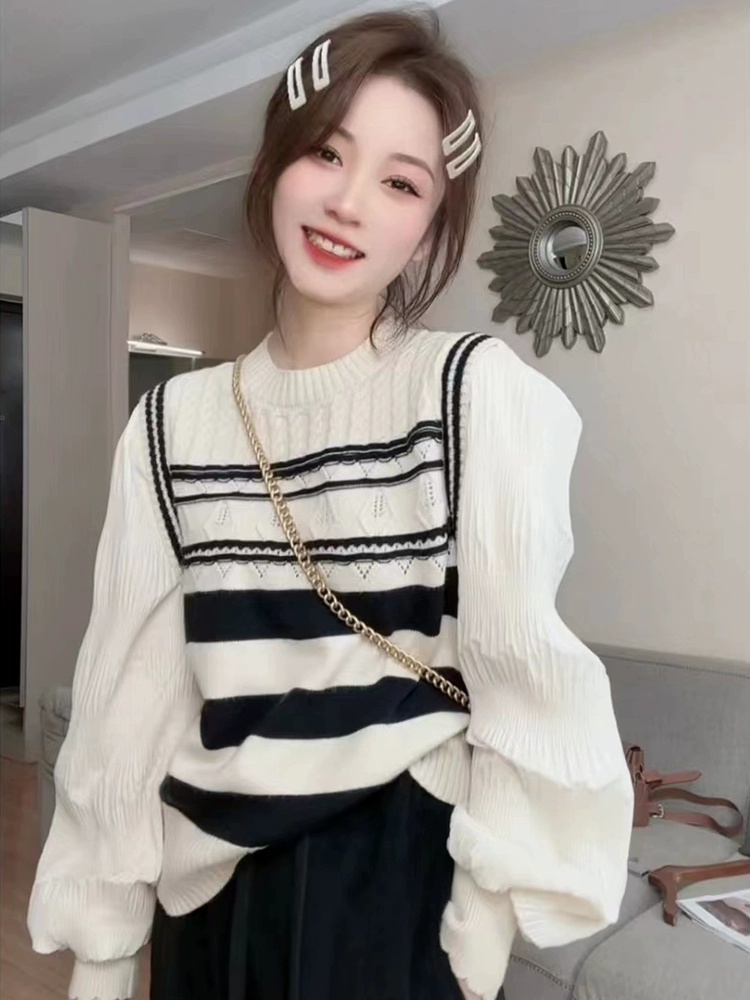French fake two-piece striped sweater for women spring 2024 new style puff sleeve patchwork sweater shirt top