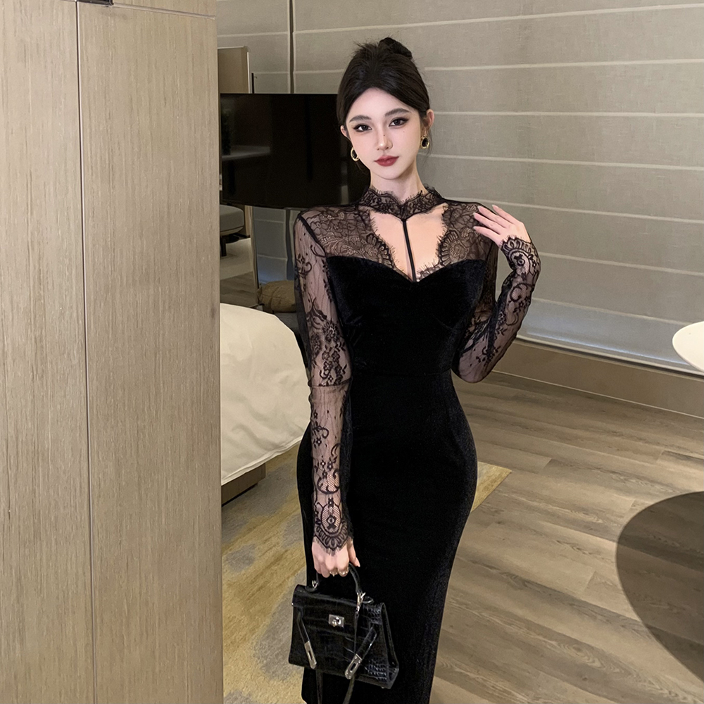 Actual shot of the new ladylike style gold velvet lace splicing slim hip-hugging party dress