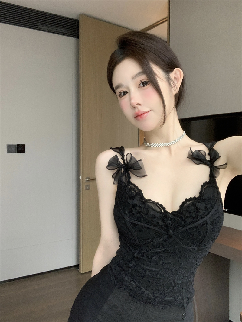 實拍2024春季新款蕾絲百搭蝴蝶結系帶吊帶女