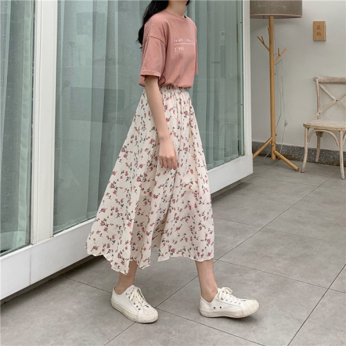 Skirt A-line floral fairy-like fresh and slimming long skirt