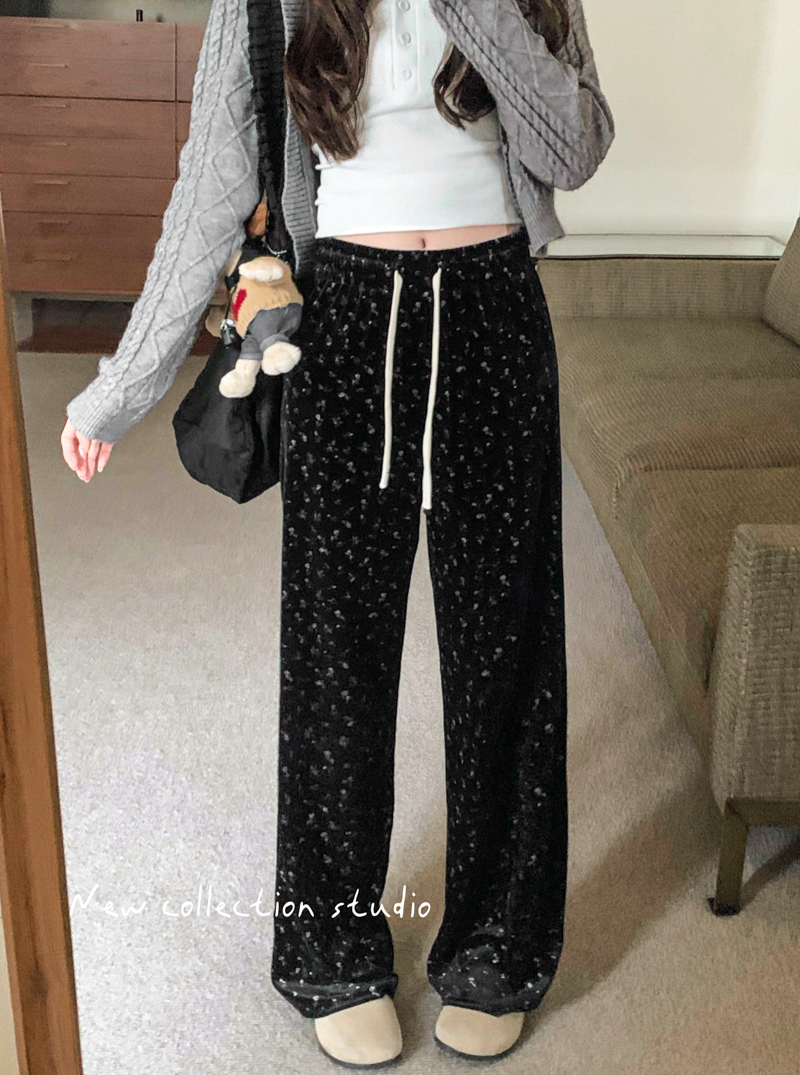 Real shot of velvet floral loose casual pants for women 2024 straight wide leg pants slim pants drapey trousers